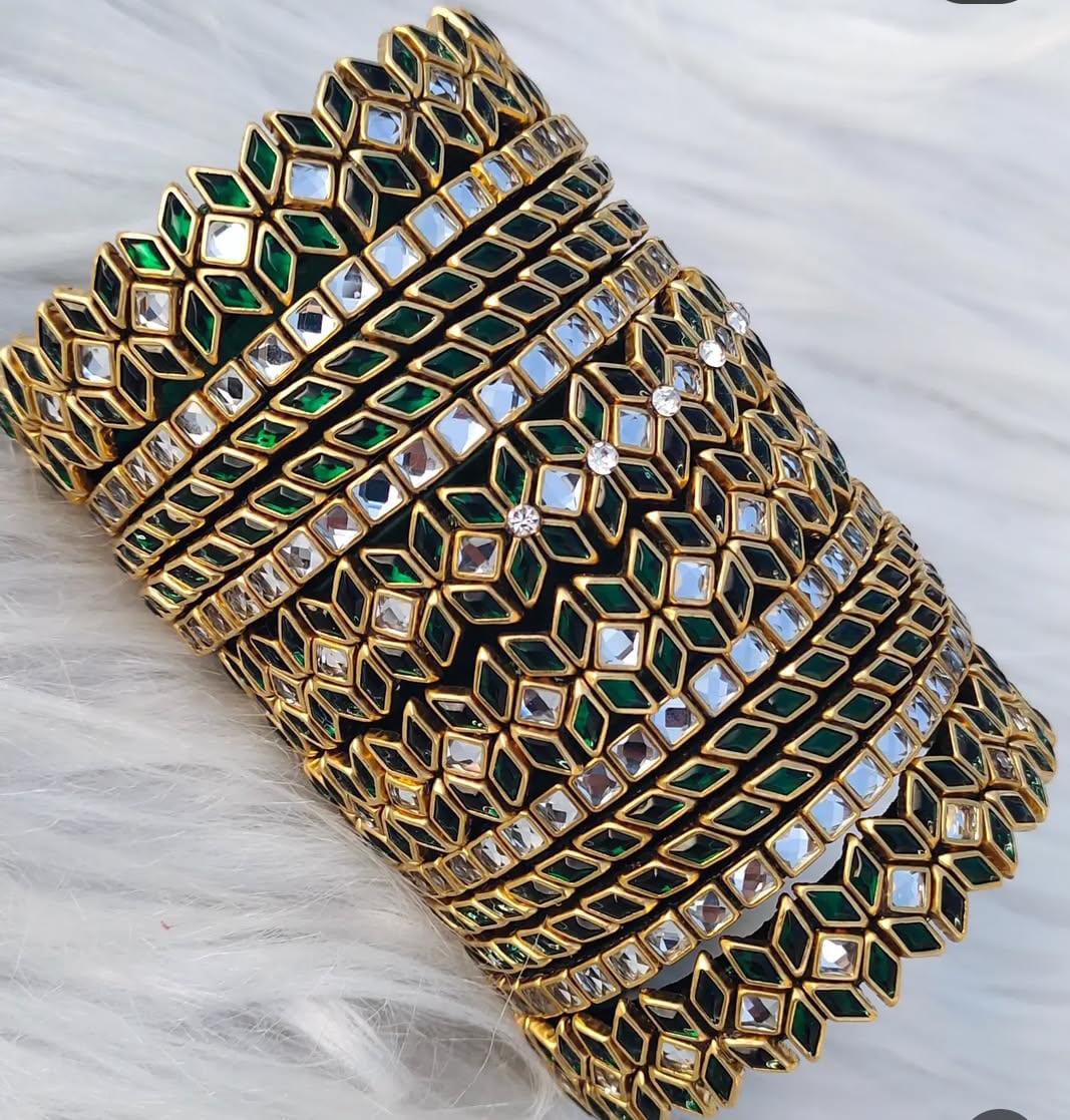 Gold Plated Green Bangle Set with Kundan Stones for Women
