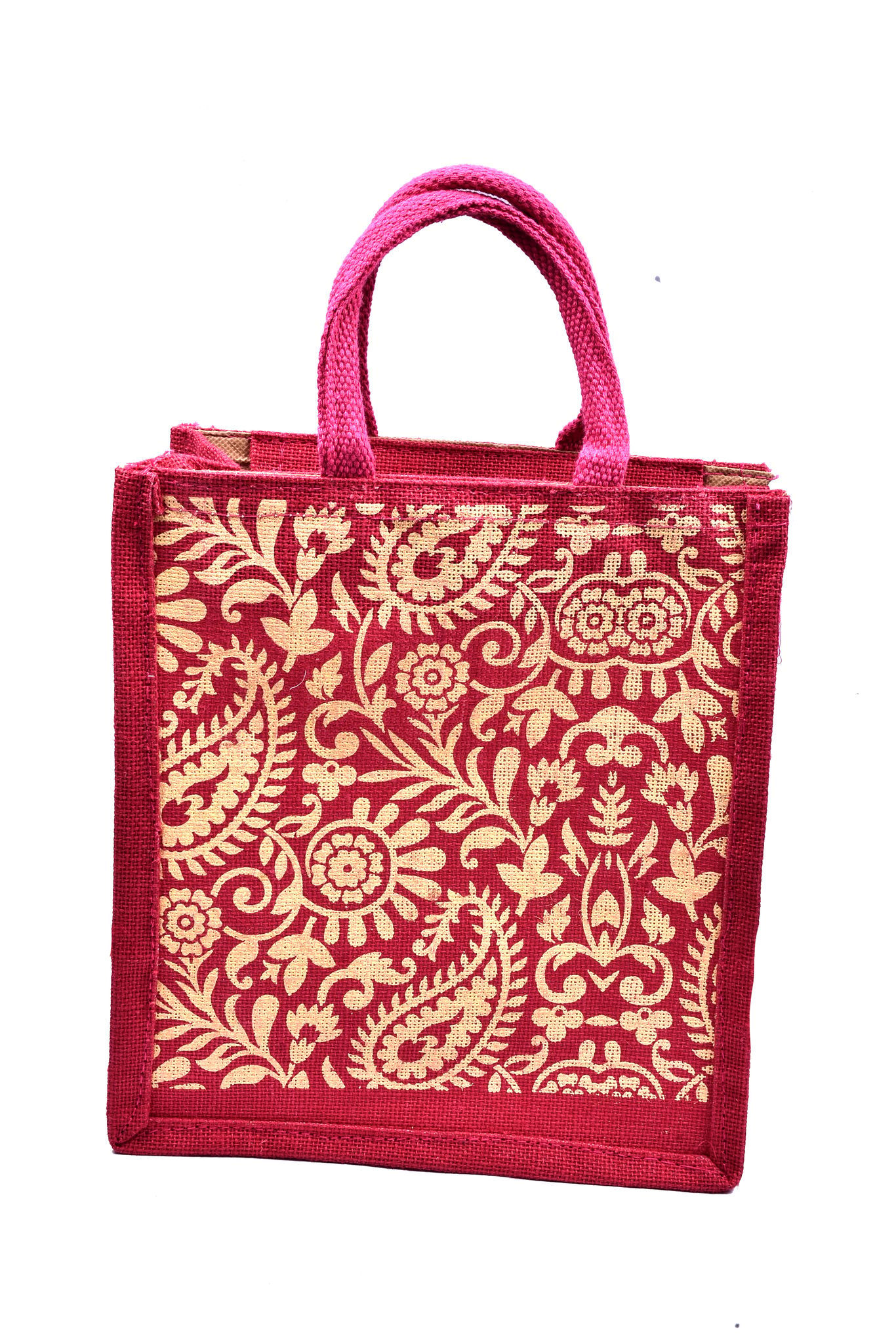 Red and Gold Jute Tote Bag with Floral Prin