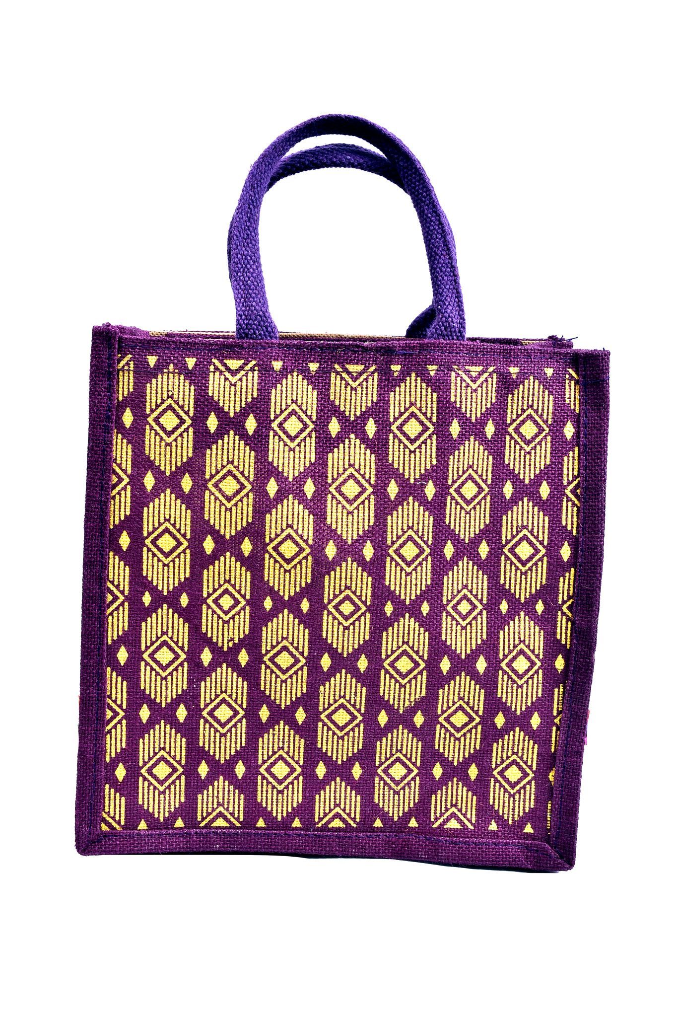 Purple and Gold Handwoven Jute Tote Bag with Geometric Print