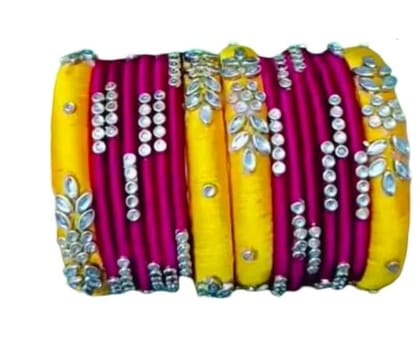 Set of 8 Silk Thread Bangles with Kundan and Pearl Embellishment - Yellow and Pink