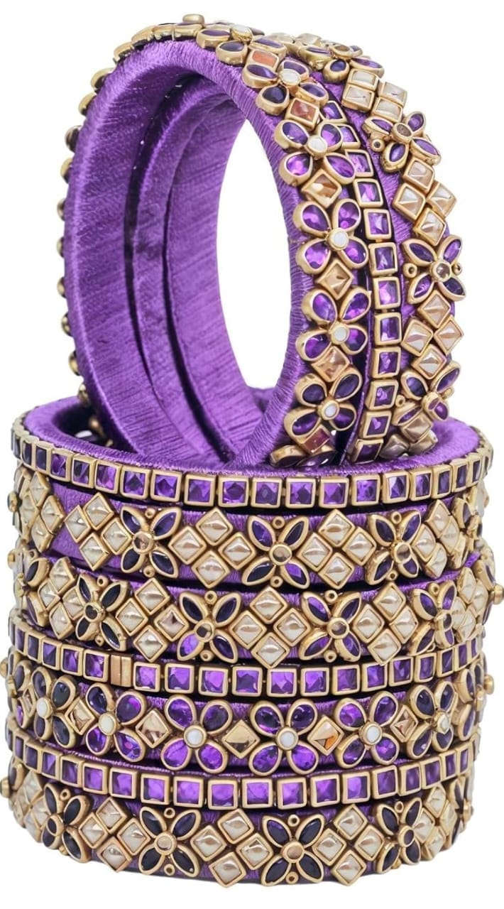 Stunning Purple Bangle Set with Intricate Kundan and Pearl Detailing - Perfect for Traditional Occasions