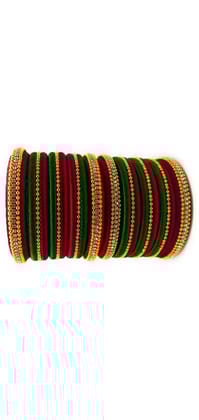 Set of 14 Maroon and Green Silk Thread Bangles with Rhinestone Accents