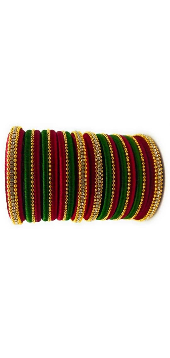 Set of 14 Maroon and Green Silk Thread Bangles with Rhinestone Accents