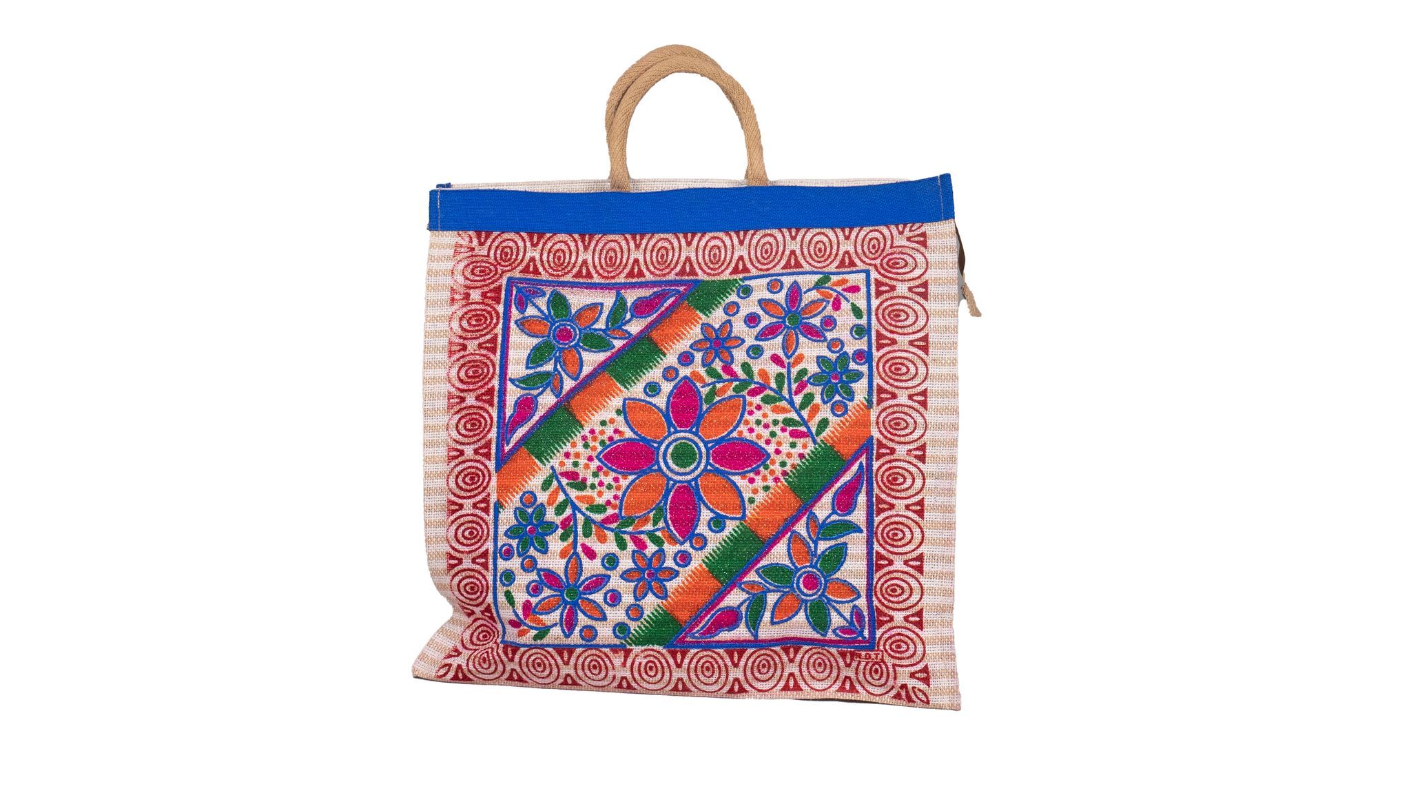 Handcrafted Jute Tote Bag with Vibrant Floral Embroidery