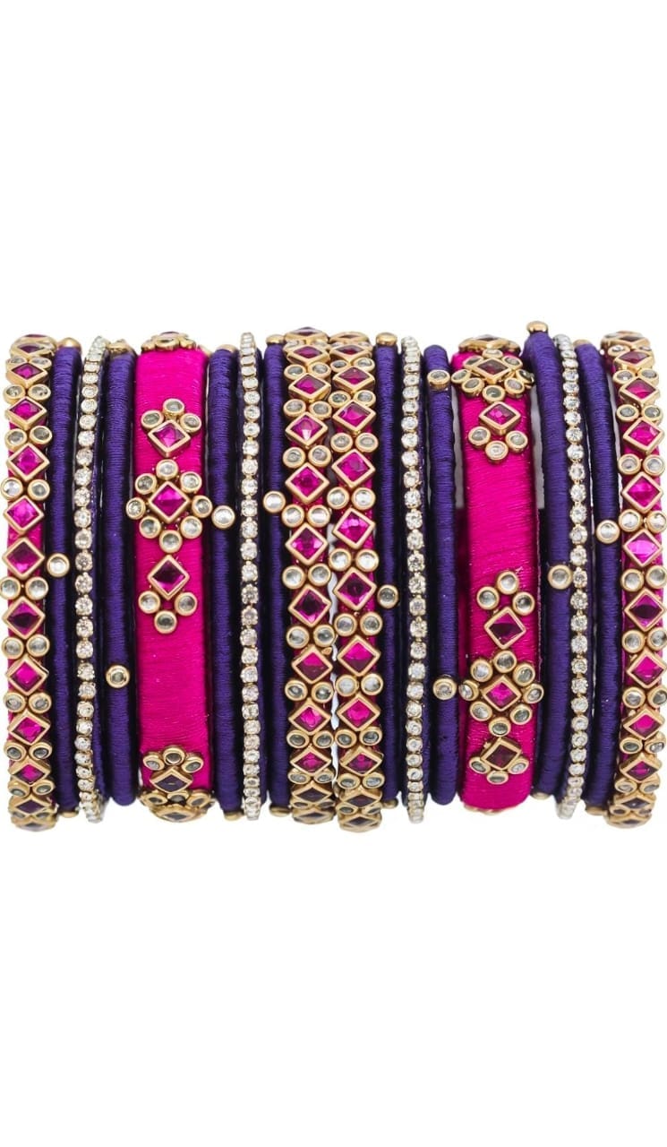 Set of 12 Silk Thread Bangles with Rhinestone Accents**