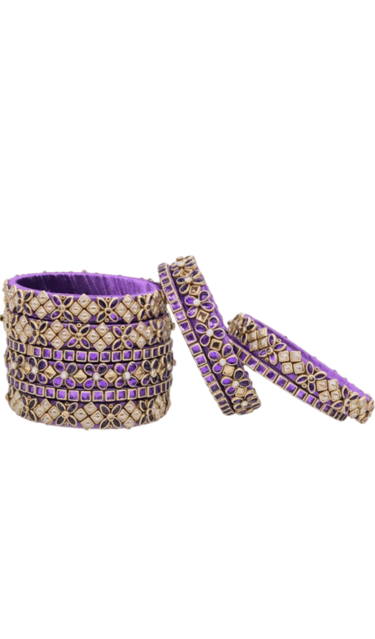 Purple Silk Thread Bangle Set with Kundan and Pearl Embellishment