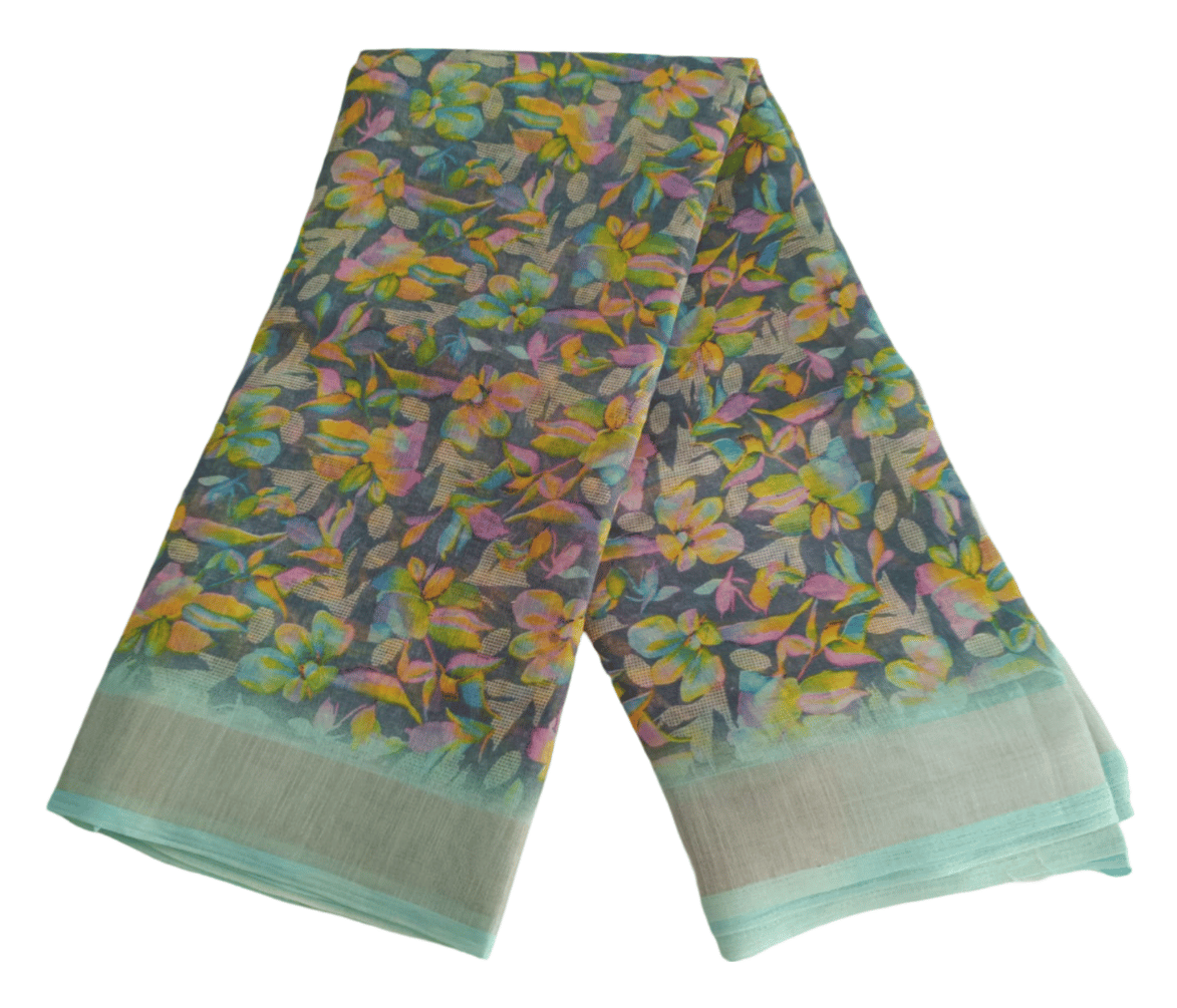 Floral Print Pure Linen Saree With Blouse