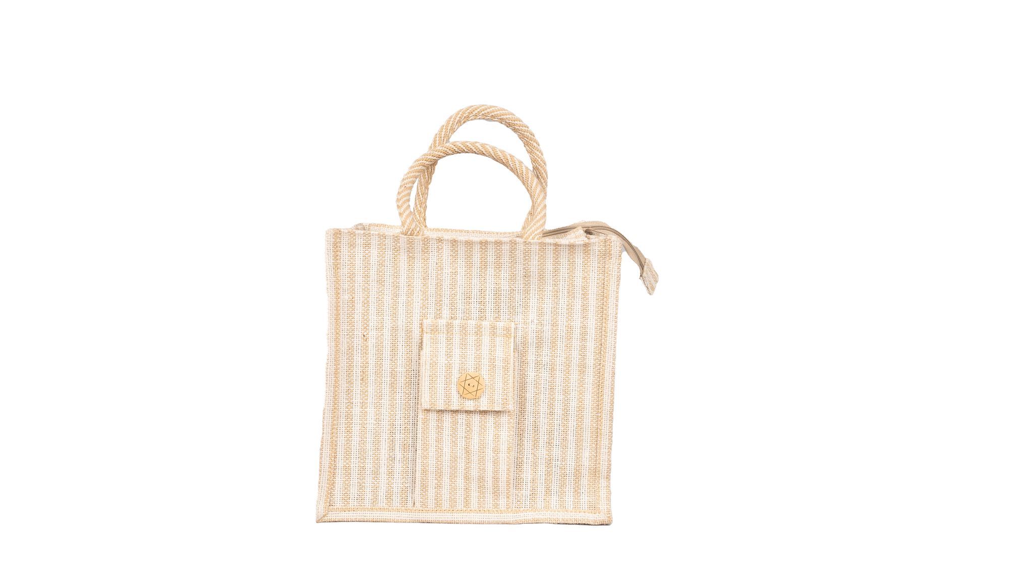 Handwoven Jute Tote Bag with Button Closure and Front Pocket