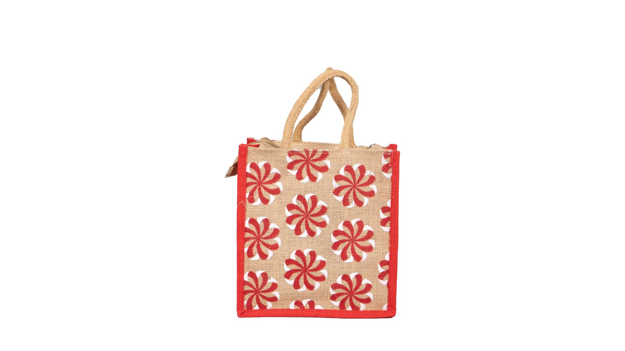 Jute Bag with Red Floral Print
