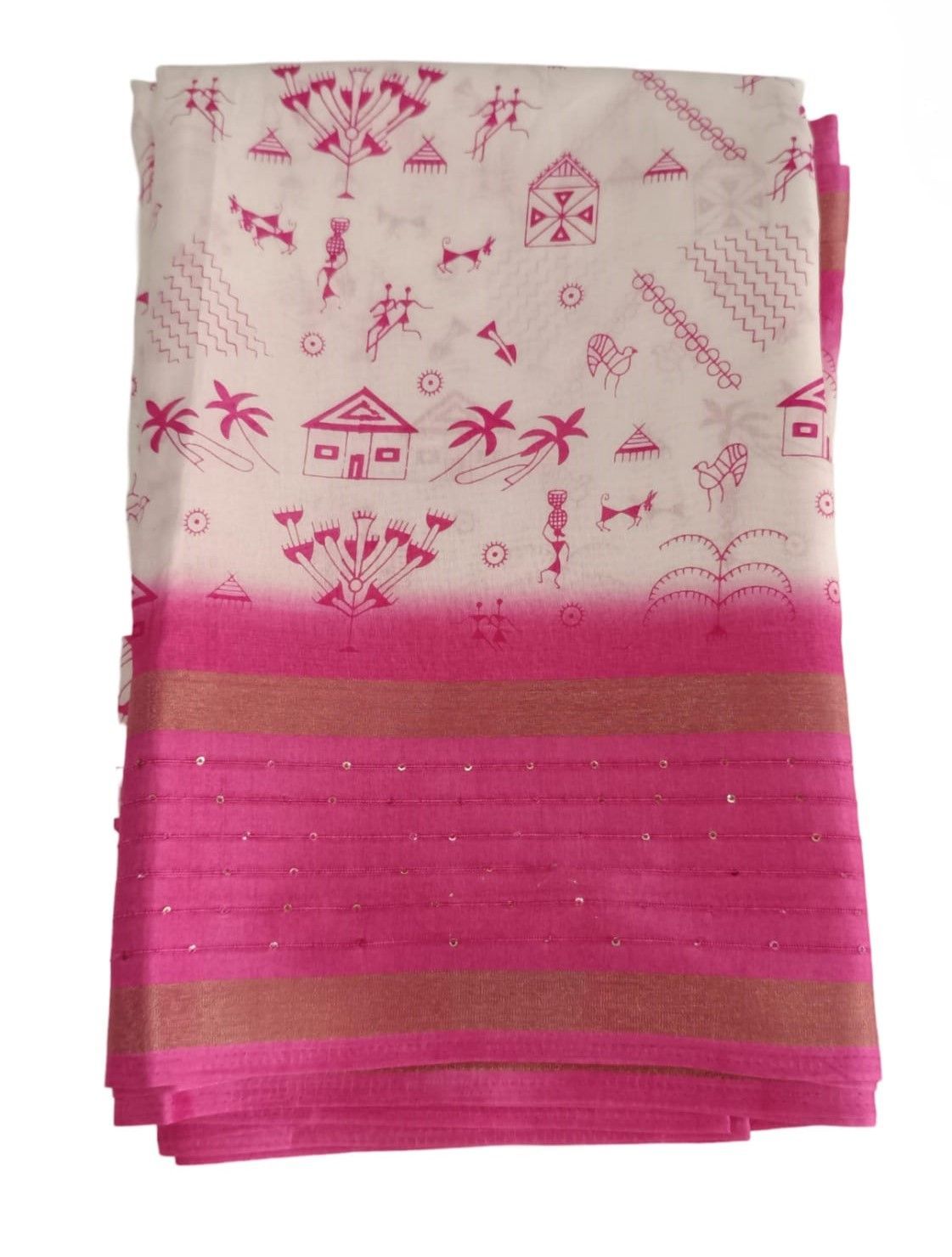 White and Pink Printed Silk Saree With Blouse