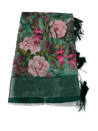 Green Linen Saree With Floral Print and Tassels