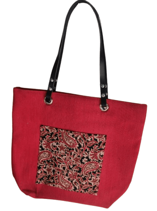 Red Canvas Tote Bag with Black Leather Handles Red Canvas Tote Bag with Black Leather Handles