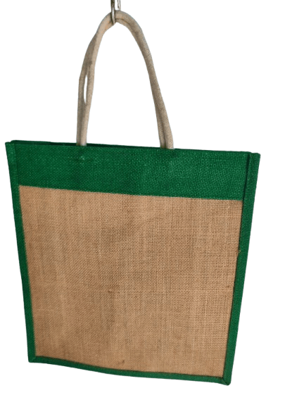 Green Jute Tote Bag with Cotton Handles