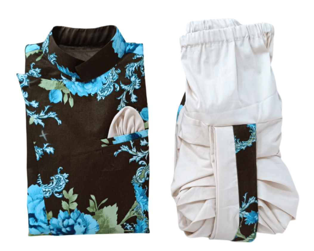 Kurta Dhoti Set - Brown Floral Printed Cotton Kurta with Cream Dhoti Pant for Wedding, Party and Festive Occasions