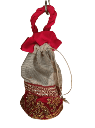 Red and Gold Embroidered Drawstring Jute Bag Red and Gold Embroidered Drawstring Jute Bag
