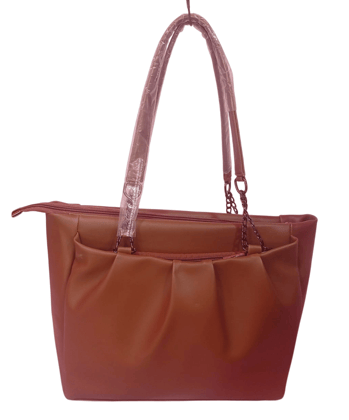 Women's Brown Faux Leather Tote Bag with Chain Detail
