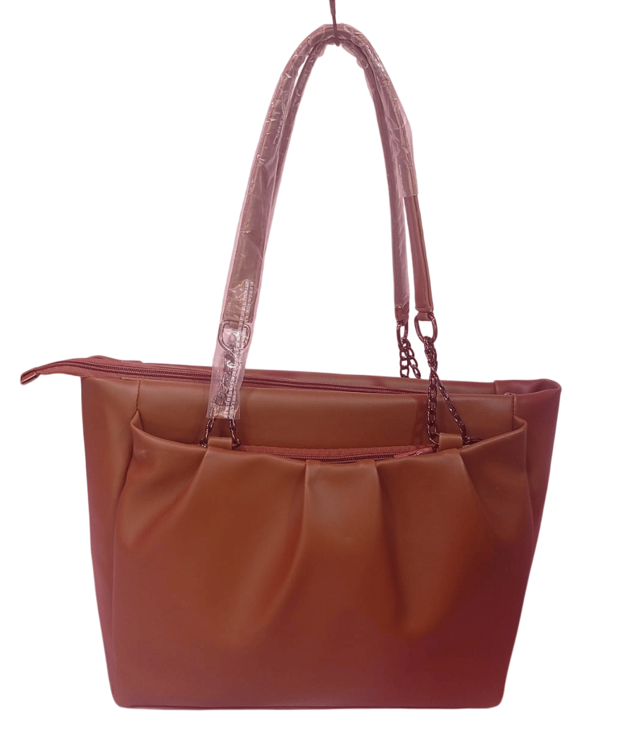 Women's Brown Faux Leather Tote Bag with Chain Detail