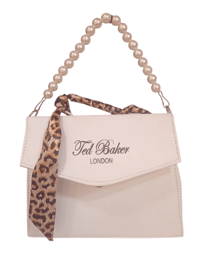 White Ted Baker London Small Crossbody Bag with Pearl Handle and Leopard Print Scarf