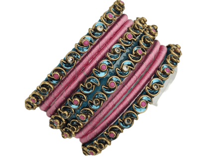 oxidized antique gold finish blue and pink color silk thread bangles set for women and girls