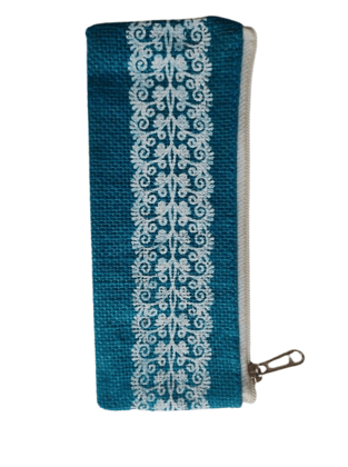 Handcrafted Blue Jute Pencil Pouch with White Floral Embroidery and Zipper Closure Handcrafted Blue Jute Pencil Pouch with White Floral Embroidery and Zipper Closure