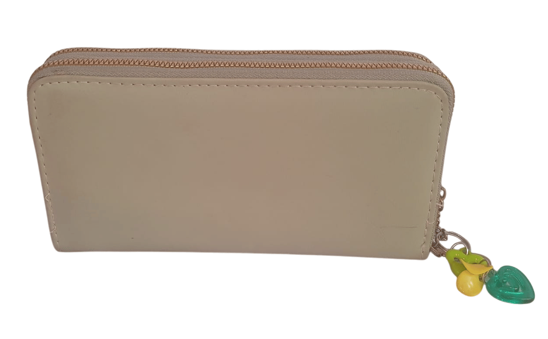 Minimalist Off-White Double Zipper Wallet with Colorful Heart Trinkets