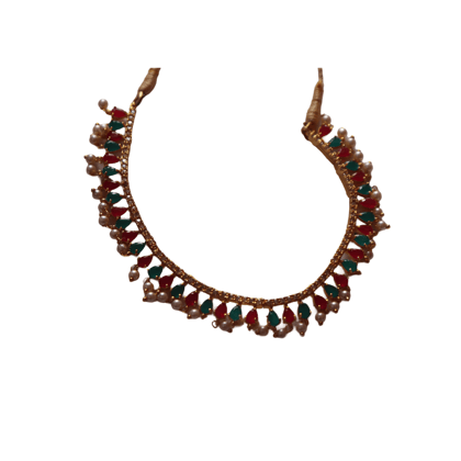 Pearl and gold necklace with red and green stones