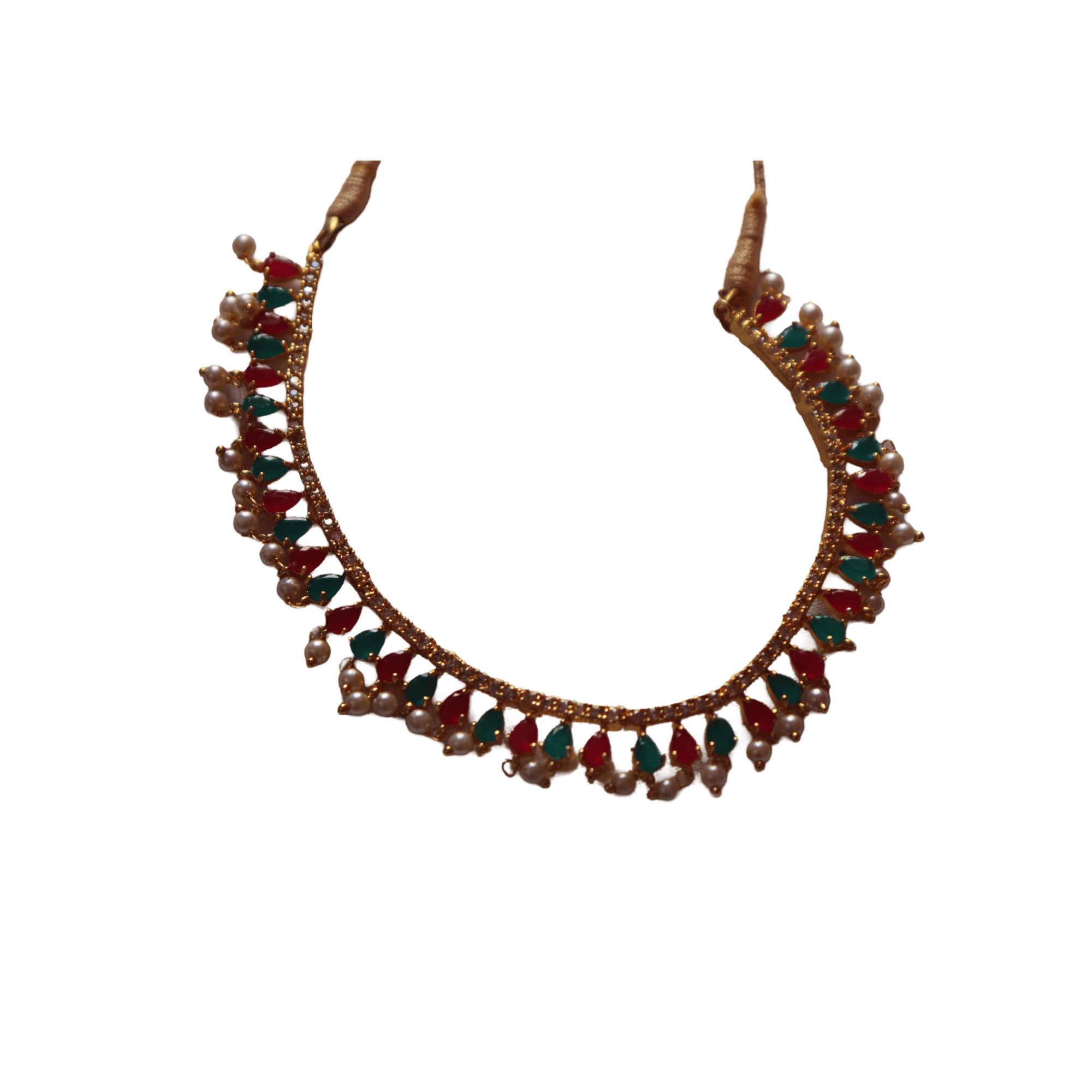 Pearl and gold necklace with red and green stones