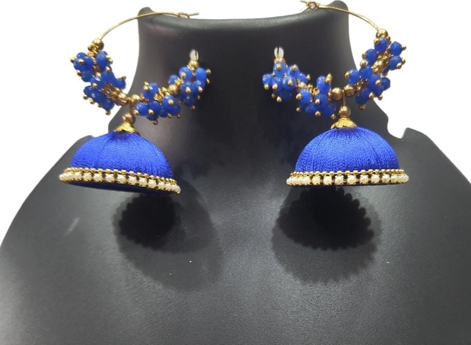 Blue Silk Thread Jhumka Earrings with Pearl and Gold Beads