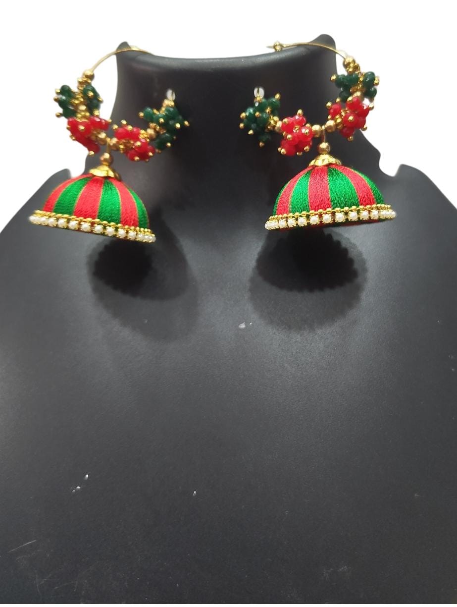 Green and Red Silk Thread Jhumka Earrings with Kundan and Pearl Accents