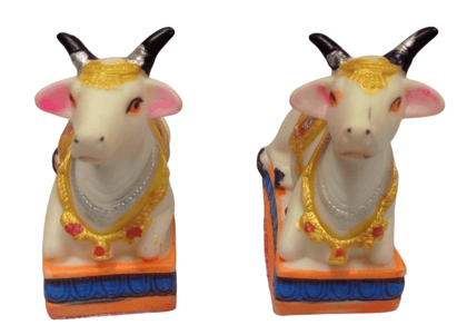 2-Piece Set of White Resin Nandi Bull Statues with Gold Accents