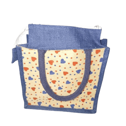 Small Blue Jute Bag with Red Heart Print Small Blue Jute Bag with Red Heart Print