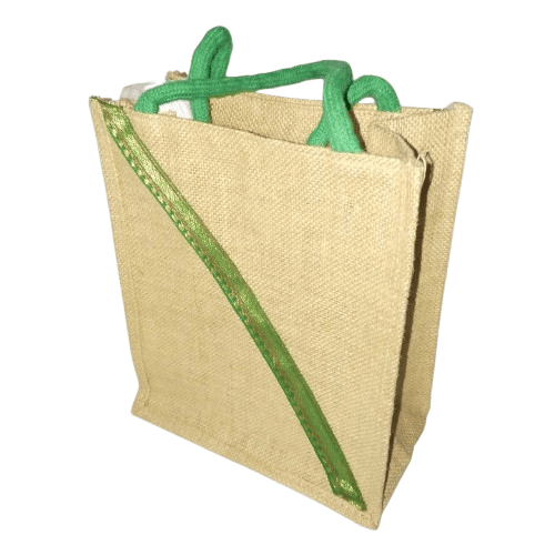 Small Burlap Tote Bag with Green Trim