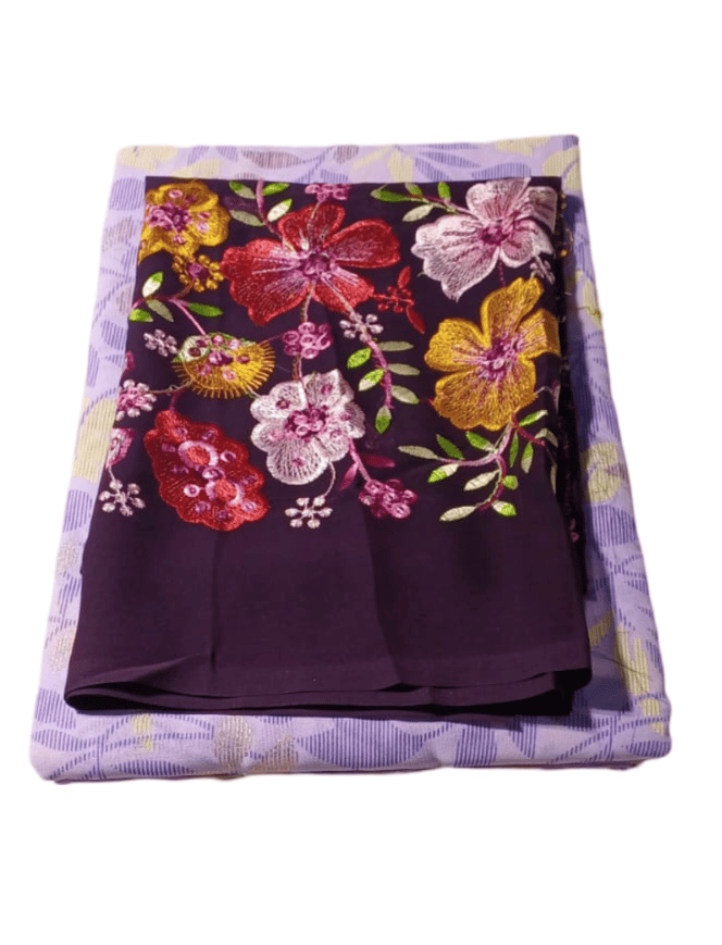 Purple and Lavender Embroidered Chiffon Saree with Blouse Piece