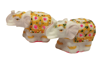 A Pair of Tall White Marble Elephants with Gold and Pink Accents