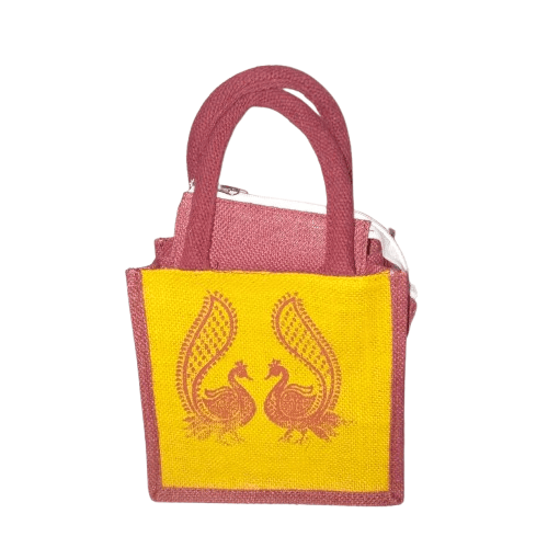 Peacock Print Jute Bag with Zipper Closure