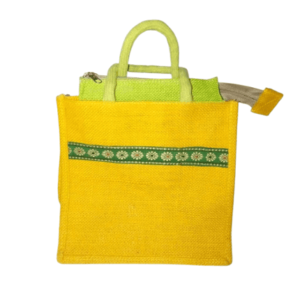 Jute Lunch Bag with Dual Compartment and Zipper Closure Jute Lunch Bag with Dual Compartment and Zipper Closure