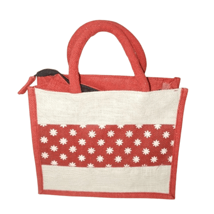 Red and White Jute Bag with Zipper and Floral Print