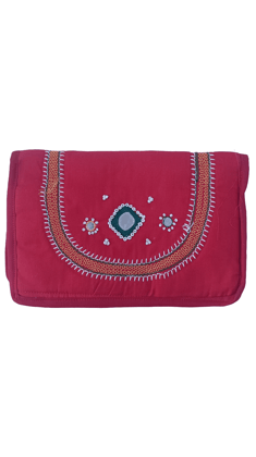 Red cotton mirror work sling bag with adjustable strap and zip closure