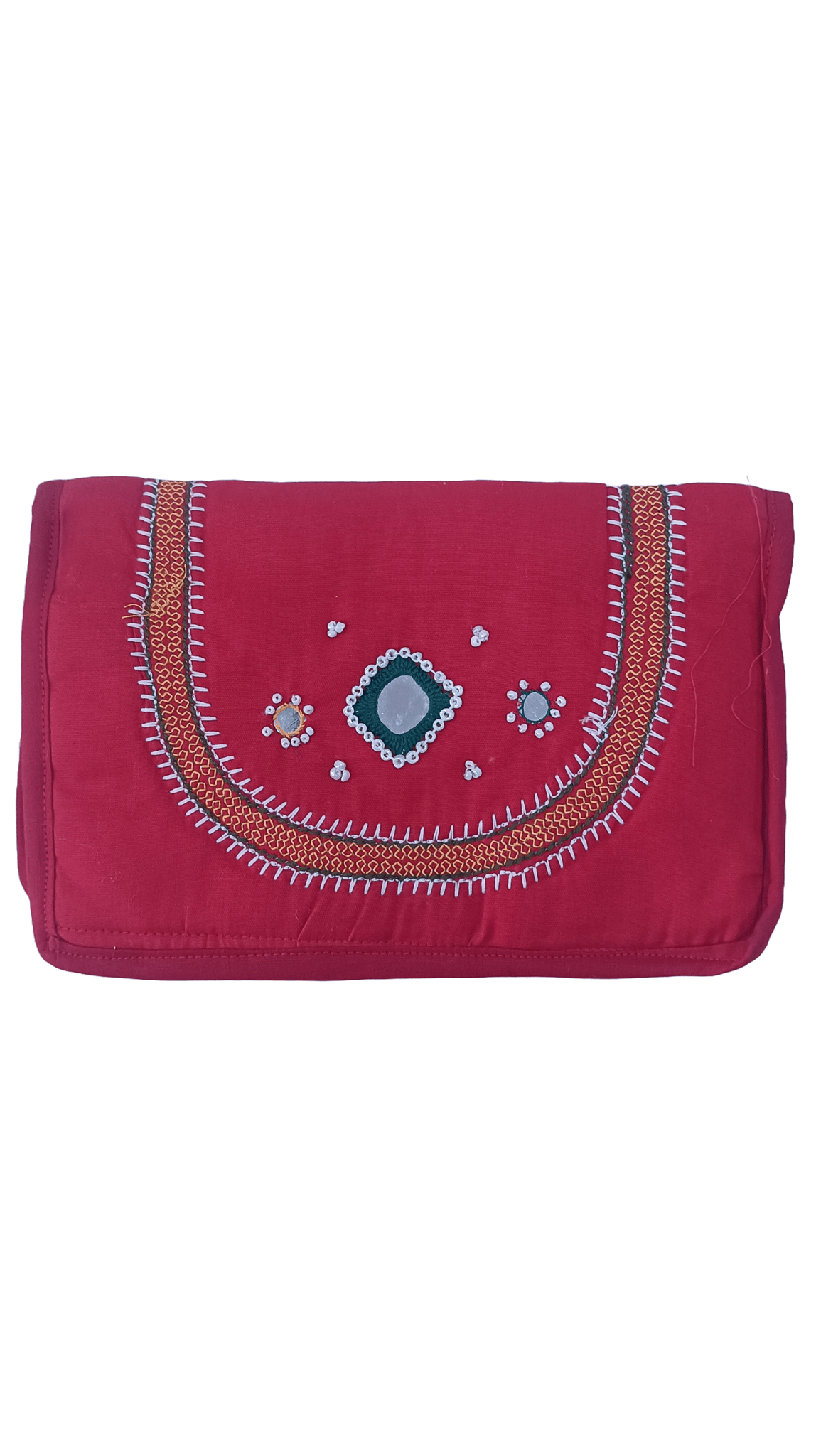Red cotton mirror work sling bag with adjustable strap and zip closure
