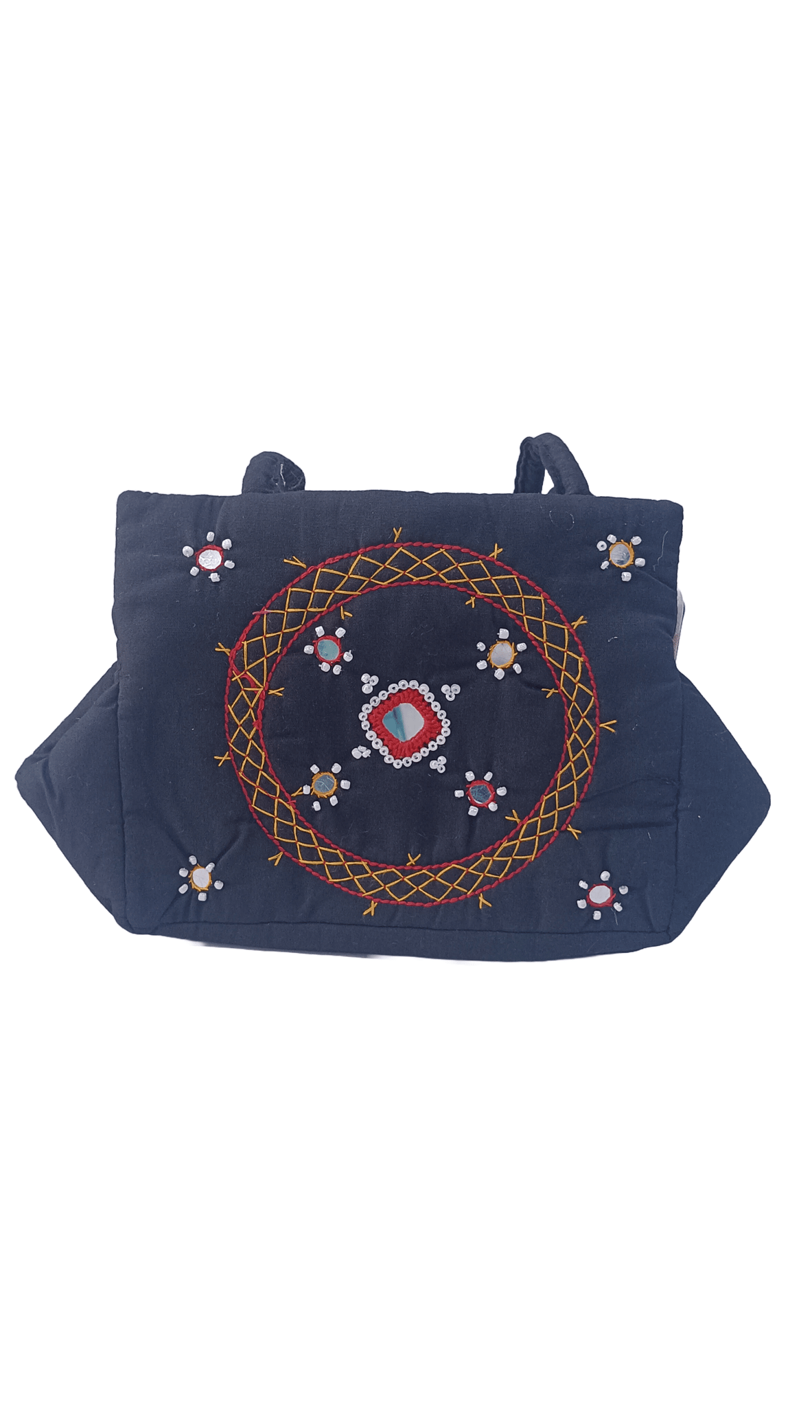 Embroidered Cotton Sling Bag with Mirror Work and Red Accents