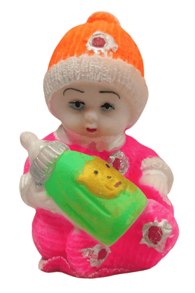 Cute Baby Doll in Pink Romper with Orange Cap Holding a Milk Bottle