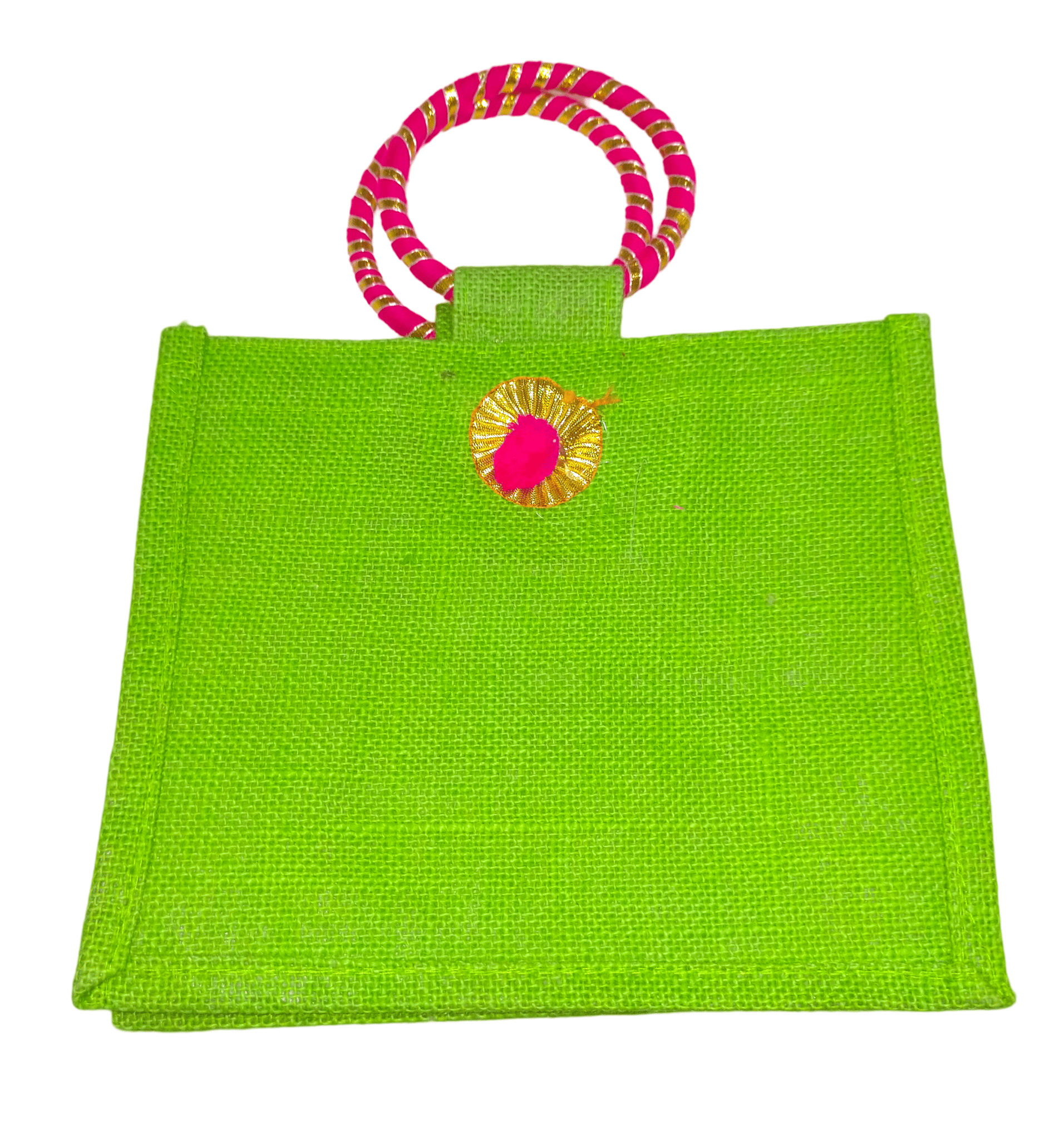 Green Jute Bag with Pink Handle (Small)