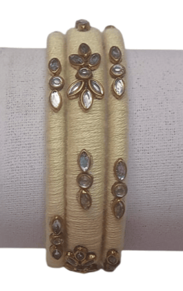Cream Cotton Thread Bangle Set with Kundan Stones