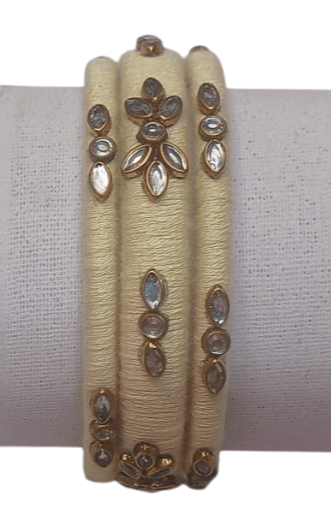Cream Cotton Thread Bangle Set with Kundan Stones
