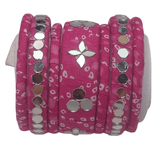 oxidised silver mirror work pink lac bangles