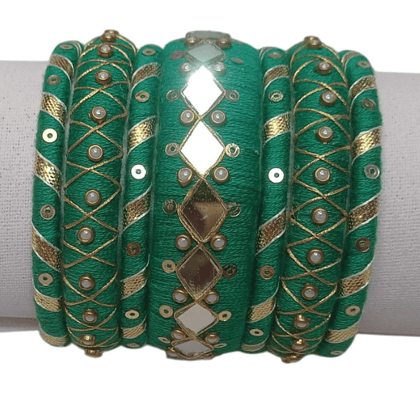 Green Cotton Thread Bangles with Pearl and Mirror Work - Set of 6