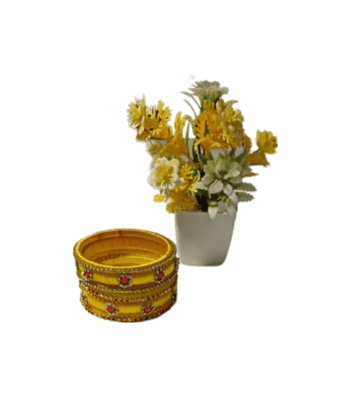 Yellow Silk Thread Bangle Set with Red Stone and Rhinestone Accents