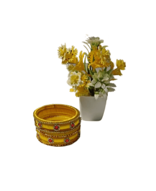 Yellow Silk Thread Bangle Set with Red Stone and Rhinestone Accents