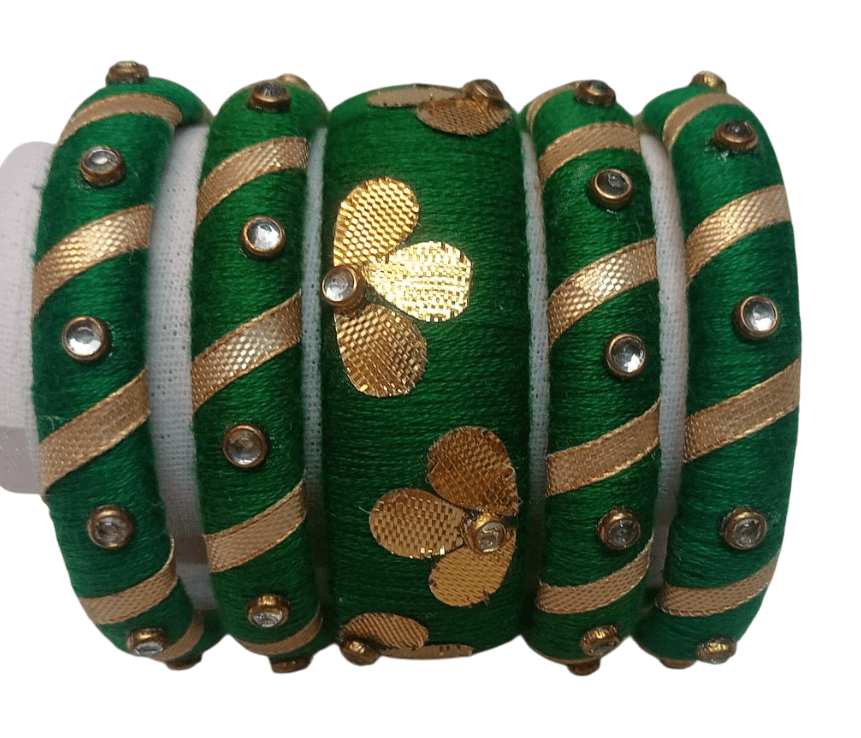 Green Silk Thread Bangles with Golden Zari and Stone Work - Set of 5