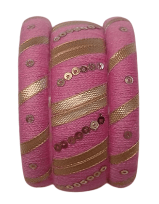 Pink and Gold Silk Thread Bangles with Sequin Work - Set of 3